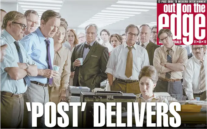  ??  ?? TENSE NEWSROOM: Tom Hanks, third from left and below, and Meryl Streep, fourth from left, lead The Washington Post through turbulent times in ‘The Post.’