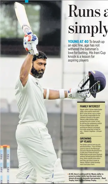  ?? PTI ?? ■ At 40, there’s nothing left for Wasim Jaffer to prove in cricket. Jaffer has the most runs in almost all premier domestic tournament­s — Ranji Trophy, Irani Cup and Duleep Trophy.
