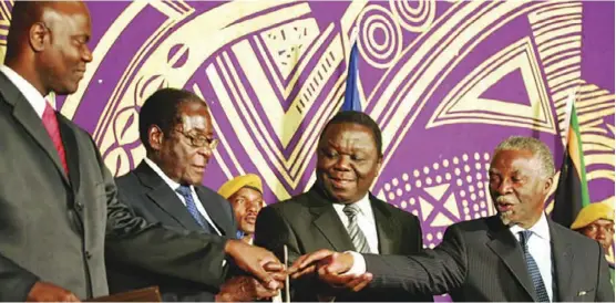  ??  ?? Zimbabwe Times, BBC Times Media Group
Former South Africa’s president Thabo Mbeki (right) responded to Zimbabwe’s crisis to save the late former president Robert Mugabe (second from left)’s administra­tion.