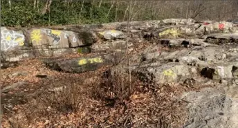  ?? Courtesy of Ranger Supervisor John Kaminsky ?? Ohiopyle State Park officials are searching for informatio­n on anyone who spray-painted several hundred feet of rock on the Ferncliff side of the main falls area over the weekend.