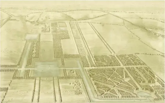  ??  ?? Left: Ralph ‘the Magnificen­t’, 1st Duke of Montagu. Above: An aerial view of Boughton gardens and park (about 1730), probably by Charles Bridgeman