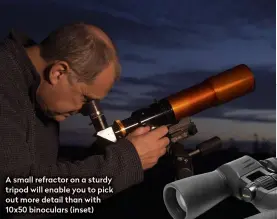  ??  ?? A small refractor on a sturdy tripod will enable you to pick out more detail than with 10x50 binoculars (inset)