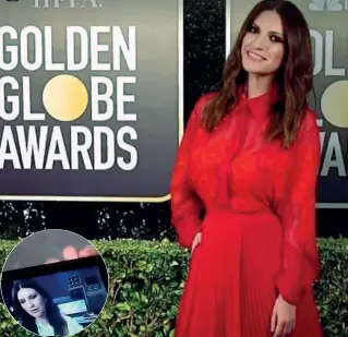  ??  ?? Emozioni Laura Pausini, 46 anni, nata a Faenza. Nella foto grande indossa l’abito scelto per i Golden Globe Nel tondo Amadeus annuncia che sarà a Sanremo