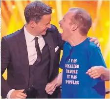  ??  ?? LAUGHING ALL THE WAY TO THE BANK: Above, Lee with BGT judges (l-r) David Walliams, Simon Cowell, Amanda Holden and Alesha Dixon; left, with host Dec; right, a poster from his 2015 show