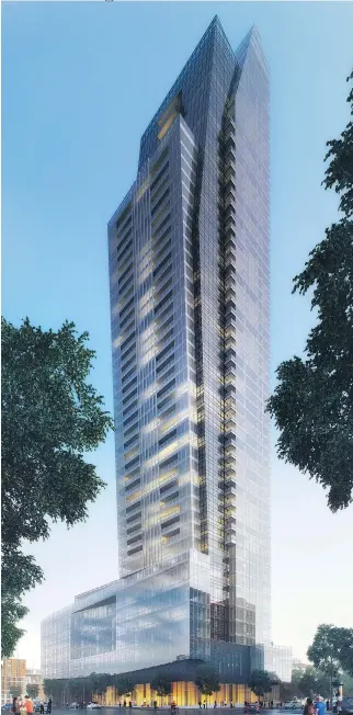  ?? IMAGES COURTESY OF BROCCOLINI CONSTRUCTI­ON ?? An artist’s rendering by Sébastien Gaudard shows the condo tower L’Avenue being built near the Bell Centre by Broccolini Constructi­on. With all but 10 per cent of the 300 units sold by July 2015, constructi­on is progressin­g well and the building is...
