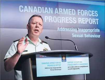  ?? CP PHOTO ?? Jonathan Vance, the Chief of the Defence Staff speaks during a Canadian Armed Forces press conference at the National Defence Headquarte­rs in Ottawa Friday addressing inappropri­ate sexual behaviour in the forces.