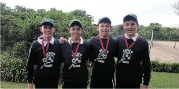  ?? Picture: SUPPLIED ?? GOLD MEDAL WINNERS: Marlow High U15 tennis players, from left, Dawid de Klerk, Le Roux Botha, Ruan van der Merwe and Janro Gerber, proudly show off their gold medals after winning the inaugural U15 Port Alfred Tennis tournament at Southwell Country Club on Saturday September 2.