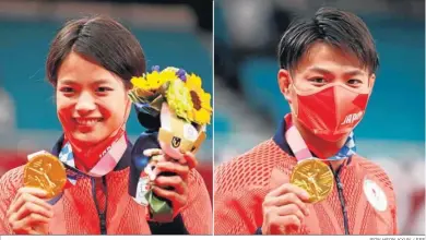  ?? JEON HEON-KYUN / EFE ?? Los hermanos Abe, Uta y Hifumi, posan con sus respectiva­s medallas de oro.