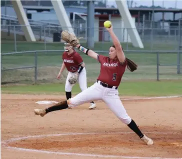  ?? (Submitted photo, courtesy of Arkansas High athletics) ?? Left-handed pitcher Macie Lee is the ace of the Arkansas High softball pitching staff this year. The junior has committed to play college softball at East Texas Baptist University in Marshall, Texas. When Lee is in the circle, the Lady Backs have fashioned a 4-1 record this season.