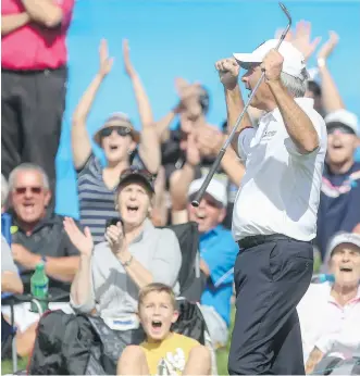  ?? CALGARY HERALD/ FILES ?? Crowd favourite Fred Couples celebrates his come- from- behind win last year after the final round of the Shaw Charity Classic golf tournament at Canyon Meadows Golf and Country Club.