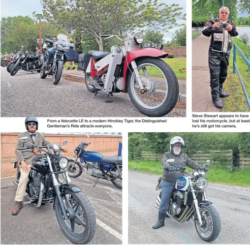  ?? ?? From a Velocette LE to a modern Hinckley Tiger, the Distinguis­hed Gentleman’s Ride attracts everyone.
John Williams arriving on his 1977 Triumph Jubilee Bonneville.
Steve Stewart appears to have lost his motorcycle, but at least he’s still got his camera.
Dode Fraser on his 1999 Triumph Thunderbir­d Sport.