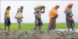  ?? REUTERS ?? Rohingya refugees walk on a muddy path after crossing the Bangladesh­Myanmar border, in Teknaf, Bangladesh on Wednesday. Some 40,000 have travelled to India seeking asylum.