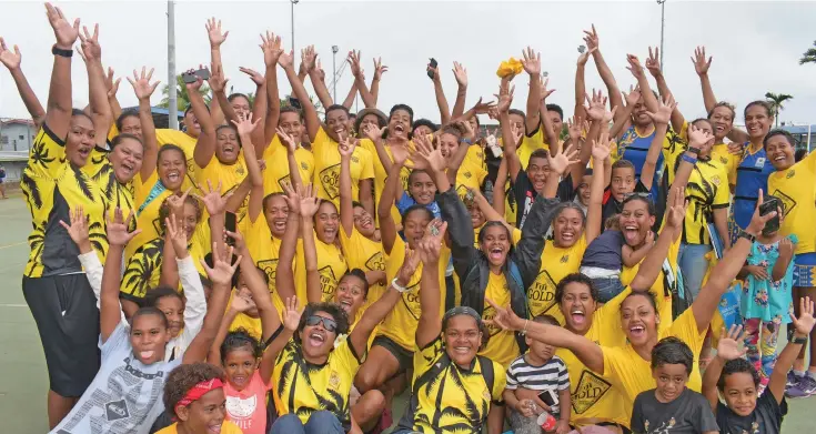  ?? Photo: Ronald Kumar. ?? Nasinu netball players, officials and supporters celebrate after winning the Punjas /Digicel Netball Interdistr­ict Championsh­ip at the National Netball Centre in Suva on August 17, 2019.