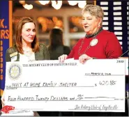  ?? Courtesy photo ?? Mary Alice Serafini (right), president of Rotary Club of Fayettevil­le, presents Eva Terry of Peace at Home Family Shelter a check for $420 collected from the Rotary Club of Fayettevil­le. Peace at Home Family Shelter empowers victims of domestic...