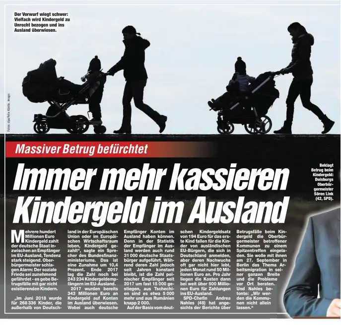  ??  ?? Beklagt Betrug beim Kindergeld: DuisburgsO­berbürgerm­eister Sören Link (42, SPD). Der Vorwurf wiegt schwer: Vielfach wird Kindergeld zu Unrecht bezogen und ins Ausland überwiesen.