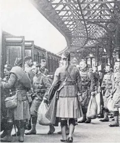  ??  ?? MEN OF WAR: Clockwise from top: The 10th Black Watch Pipe Band at Salisbury Plain, 1915: model of 4th/5th Battalion Black Watch statue at Powrie Brae; Black Watch soldiers leaving Dundee for the Western Front.