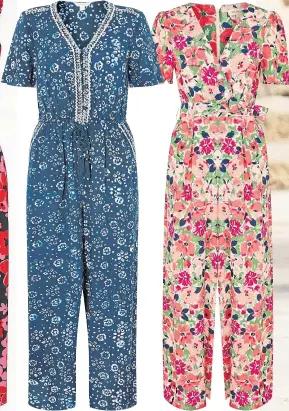  ??  ?? Artisan studio batik print jumpsuit blue, £75, Monsoon.
Monica floral wrap jumpsuit, £75, Monsoon.