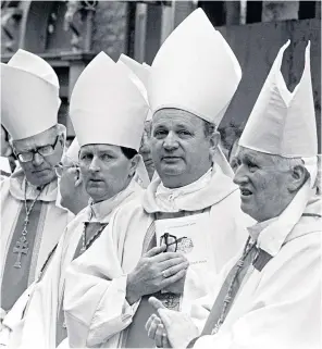  ??  ?? Bishop Casey, second from right: the most dynamic campaigner against injustice of his generation of Irish bishops, with a taste for fast cars, which he frequently crashed