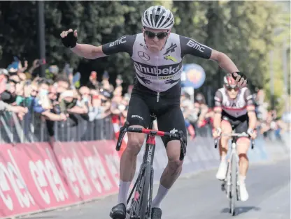  ?? Photos: Luca Zennaro/EPA-EFE ?? Swiss rider Mauro Schmid of Team Qhubeka Assos on his way to winning the 11th stage of the 2021 Giro d’Italia cycling race over 162km from Perugia to Montalcino, Italy, on 19 May.