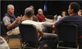  ?? PAT EATON-ROBB — THE ASSOCIATED PRESS ?? Former UConn NCAA college basketball coach Jim Calhoun, left, gestures as he answers a question from actor Sam Kebebe, right, during a meeting with the cast and crew of the play “Exposure” at the Eugene O’Neill Theater Center on Tuesday in Waterford,...