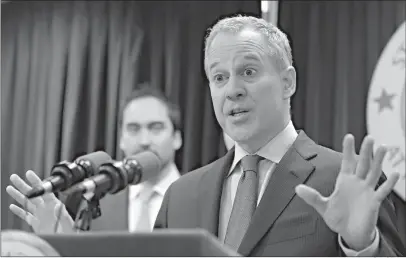  ?? Associated Press ?? ■ New York Attorney General Eric Schneiderm­an speaks during a 2016 news conference in New York. Schneiderm­an, who had taken on high-profile roles as an advocate for women’s issues and an antagonist to the policies of President Donald Trump, announced...