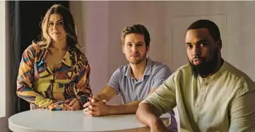  ?? ?? Werkheiser, center, sits March 22 with his “Ned’s Declassifi­ed Podcast Survival Guide” co-hosts — Lindsey Shaw, who played Moze, and Daniel Curtis Lee, who played Cookie — at Podhead Studios in Los Angeles.