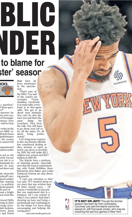  ??  ?? IT’S NOT ON JEFF! Though the Knicks’ season has been far from successful, Courtney Lee said the blame cannot be placed on Jeff Hornacek (inset), who may be coaching his last four games in New York.