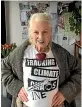  ??  ?? Fashion designer and activist Vivienne Westwood models an anti-fracking T-shirt aimed at petrochemi­cal company Ineos.