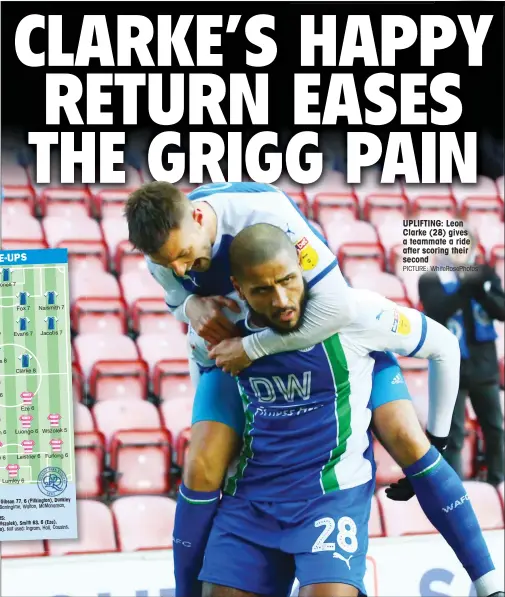  ?? PICTURE: WhiteRoseP­hotos ?? UPLIFTING: Leon Clarke (28) gives a teammate a ride after scoring their second