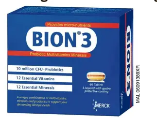  ??  ?? BION 3 is a three-in-one multivitam­ins and minerals formulatio­n with TriBion Harmonis probiotics.