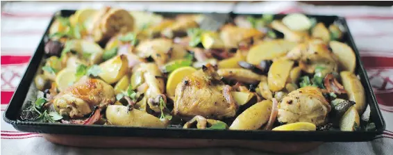  ??  ?? Mediterran­ean-style Sheet Pan Chicken Dinner: This one-pan, Mediterran­ean-style dinner combines chicken, vegetables, olives and sausage.