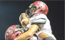  ?? NWA Democrat-Gazette/CHARLIE KAIJO ?? Springdale High’s Sebastian Barranco (14) celebrates Friday after recovering a fumble late in the fourth against Rogers Heritage in Rogers.