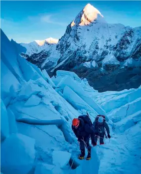  ?? ?? Satish had to traverse the dangerous Khumbu glacier — the place where most deaths happen on Everest — en route summiting Mt Everest