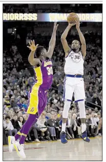  ?? AP/MARCIO JOSE SANCHEZ ?? Golden State forward Kevin Durant (35) and the Warriors host the Cleveland Cavaliers in a rematch of last year’s NBA Finals on Christmas Day. The game is one of five on Monday, featuring prominent teams such as Boston; superstars such as Cleveland’s...