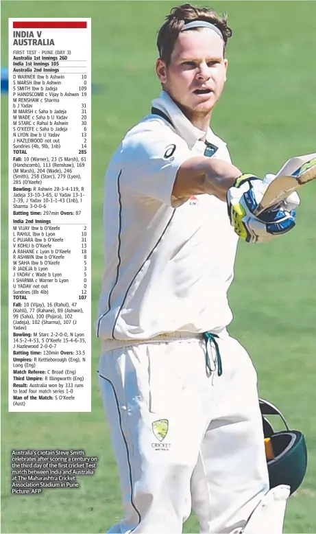  ??  ?? Australia’s captain Steve Smith celebrates after scoring a century on the third day of the first cricket Test match between India and Australia at The Maharashtr­a Cricket Associatio­n Stadium in Pune Picture: AFP