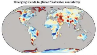  ?? Jay Famigliett­i Special to The Times ?? SATELLITE DATA color-coded to show average increases and decreases in available fresh water. Deep blue indicates areas where f looding is increasing; deep red indicates severe water loss.