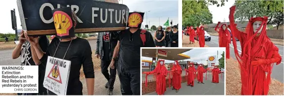  ?? CHRIS GORDON ?? WARNINGS: Extinction Rebellion and the Red Rebels in yesterday’s protest