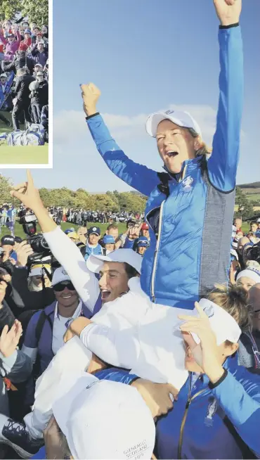  ??  ?? 2 Catriona Matthew is carried shoulder high by jubilant European players after their dramatic triumph in the Solheim Cup at Gleneagles. Inset left, Suzann Pettersen sinks her birdie putt on the final hole to clinch victory for Europe.