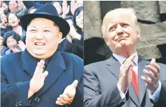  ??  ?? This combinatio­n of picture showing Kim (left) visiting the newly-renovated Pyongyang Teachers’ University in Pyongyang and Trump applauding as he stands in front of the Warsaw Uprising Monument on Krasinski Square during the Three Seas Initiative...