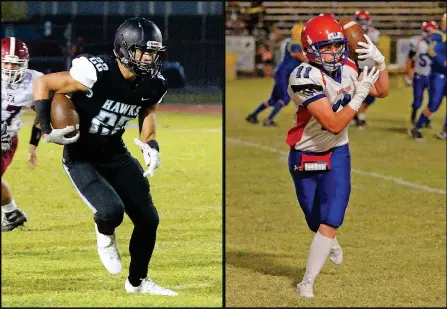  ?? Buy these photos at YumaSun.com PHOTOS BY RANDY HOEFT/YUMA SUN ?? LEFT: GILA RIDGE’S D’ANGELO JACKSON runs with the ball during the first quarter of a Sept. 14 game against Kofa at Veterans Memorial Stadium. The Hawks will host Estrella Foothills tonight for the 4A Southwest region title. RIGHT: Antelope’s Brady Jameson catches a pass by pinning the ball against his helmet and shoulder pads during the second quarter of an Aug. 31 game at San Pasqual. The Rams will face North Pointe Prep tonight for the 2A Salt region title.