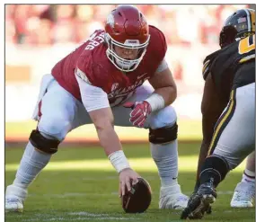  ?? (AP/Michael Woods) ?? Arkansas junior center Rick Stromberg said the opportunit­y for continued improvemen­t under Coach Sam Pittman and offensive line coach Cody Kennedy factored in his decision to return to play for the Razorbacks next season.