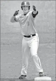  ?? NWA Democrat-Gazette/BEN GOFF ?? Brian Gloeckler of Bentonvill­e celebrates after reaching second on a line drive to right field in the sixth inning Saturday against Springdale Har-Ber.