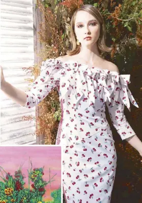  ??  ?? Cristobal Balenciaga in his atelier at No. 10 Avenue George V in Paris
Cherry-picking season: Cherry-print cotton dress with ribbon-studded neckline and a hand-beaded fuchsia Spanish grosgrain ribbon down one side by Septième Rebelle