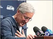  ?? LINDSEY WASSON / AP ?? Pete Carroll becomes emotional during a media session Wednesday in Renton, Wash., after it was announced he will not return as coach of the Seattle Seahawks next season.