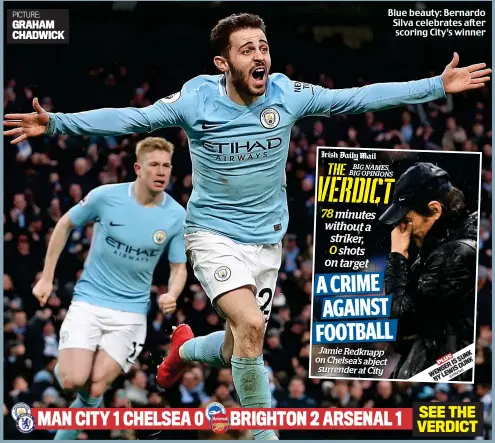  ??  ?? Blue beauty: Bernardo Silva celebrates after scoring City’s winner