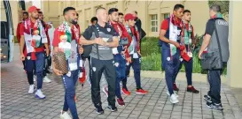  ??  ?? Oman team players arrive at the hotel in Doha on Saturday afternoon