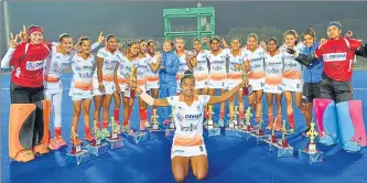  ?? HT ?? Indian junior women’s celebrate win after beating France 2-0 in the fourth and final match of the hockey ‘Test’ series in Lucknow on ▪Wednesday.