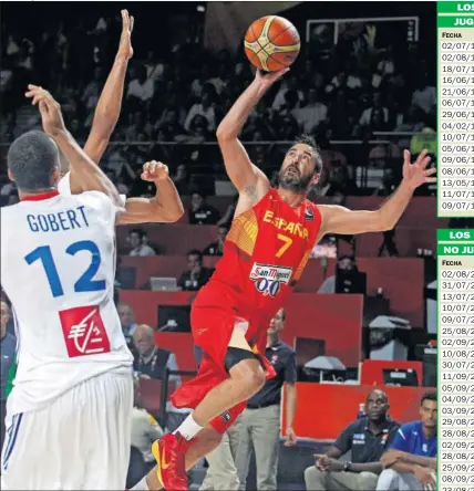  ??  ?? BOMBA. Juan Carlos Navarro lanza su clásico tiro ante la Francia de Rudy Gobert.