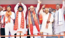  ??  ?? BJP chief Amit Shah at a poll rally in support of the party candidates, in Amangal, Telangana, Sunday.