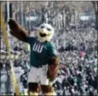  ?? ASSOCIATED PRESS ?? Eagles mascot ‘Swoop’ reacts with the fans behind him in front of the the Philadelph­ia Museum of Art during the team’s epics Super Bowl victory parade Thursday.